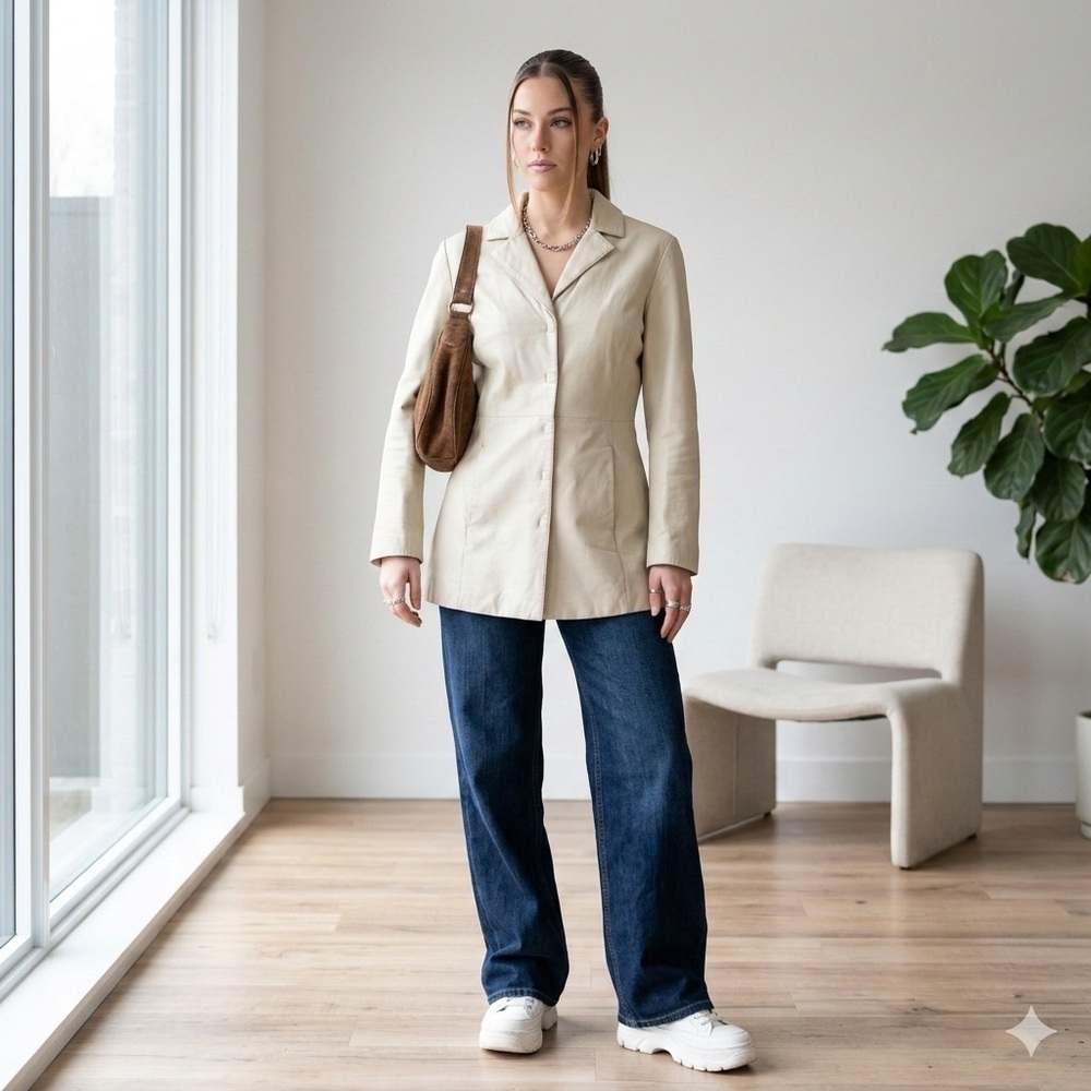 Vintage Danier Y2K Cream Genuine Leather Minimalist Blazer Jacket - US 2